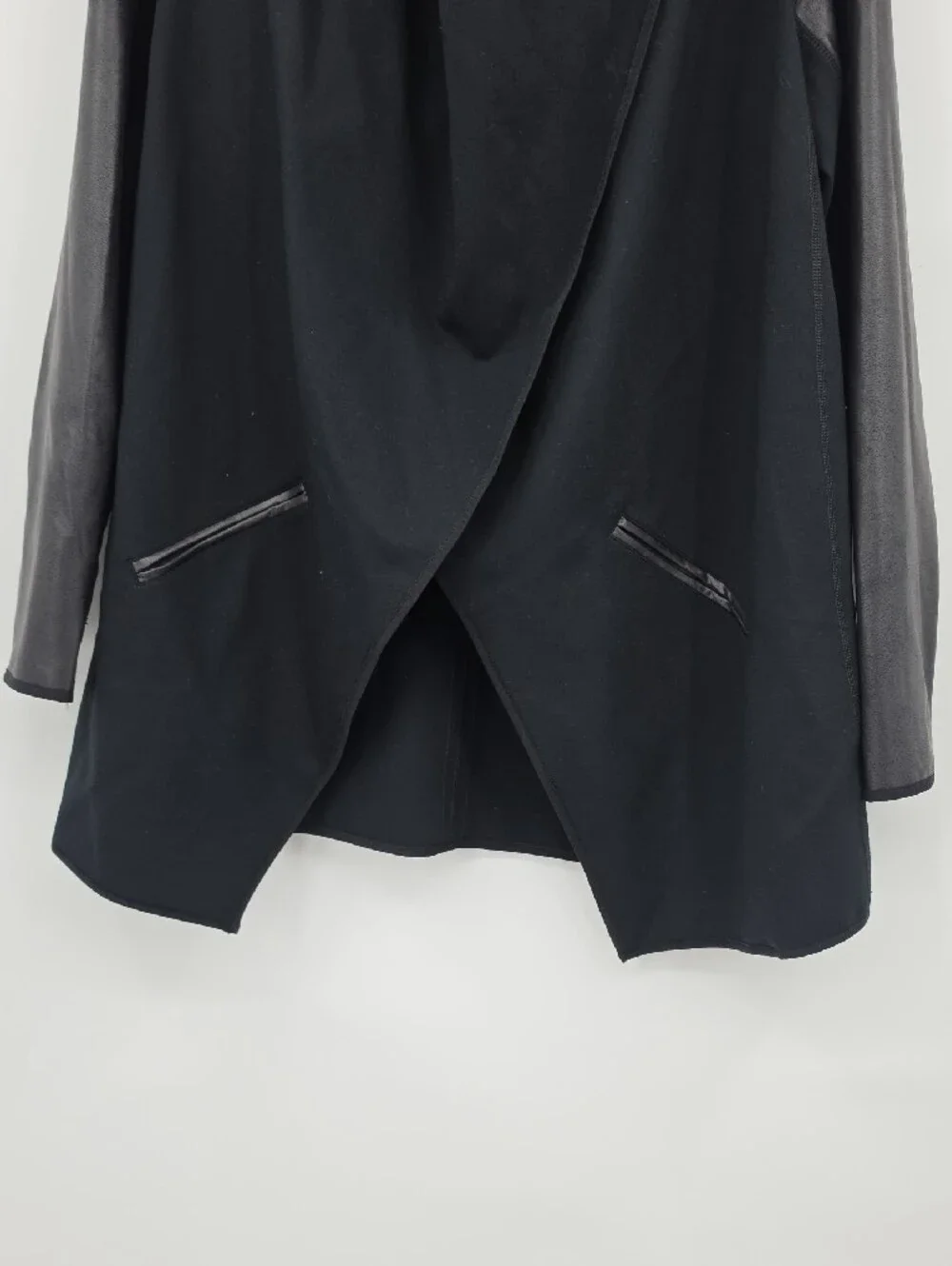 SPANX Black Draped Jacket with Faux Leather Sleeves Size L